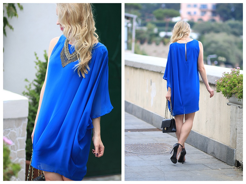 flowy one shoulder dress, how to wear cobalt blue, Chanel medium classic  flap bag black lambskin with gold hardware, Stuart Weitzman black Nudist  stilettos - Meagan's Moda