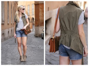 olive utility vest with gray tee and denim cutoff shorts, vintage
