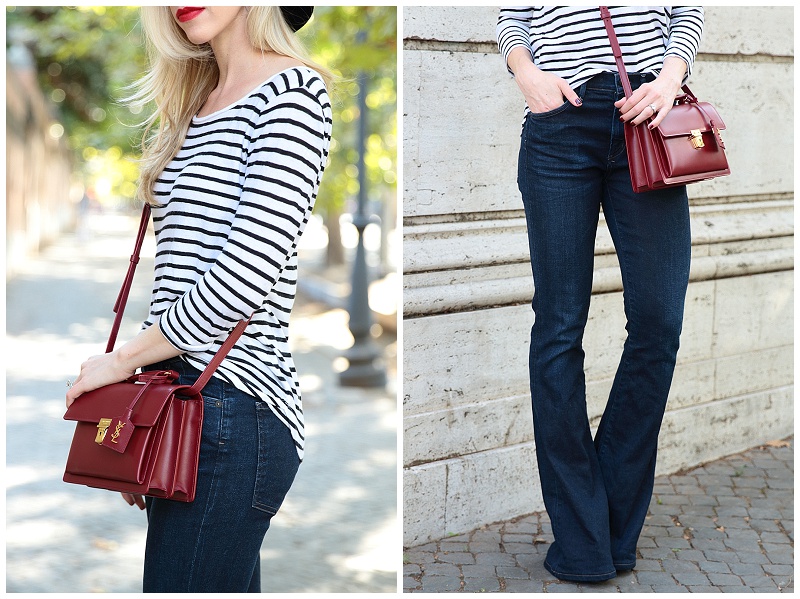 Simple Stripes: Black and white top, High waist flares & Red