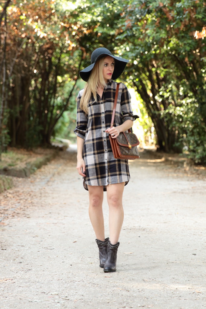 Autumn's Arrival: Plaid shirtdress, Floppy hat & Studded booties