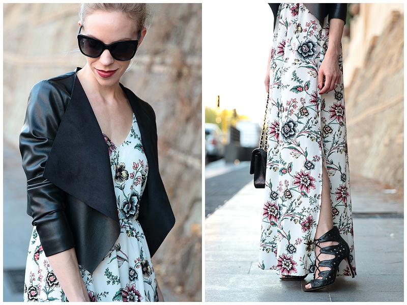 maxi dress and leather jacket