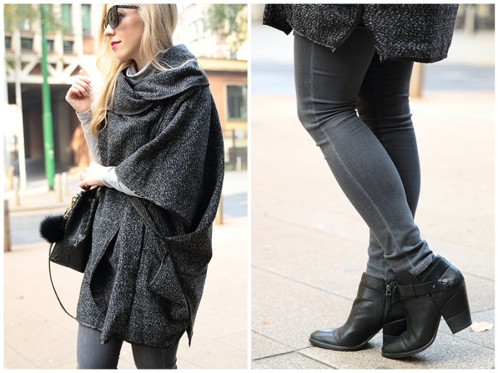 { Cozy Cape: Oversized topper, Gray denim & Black booties } - Meagan's Moda