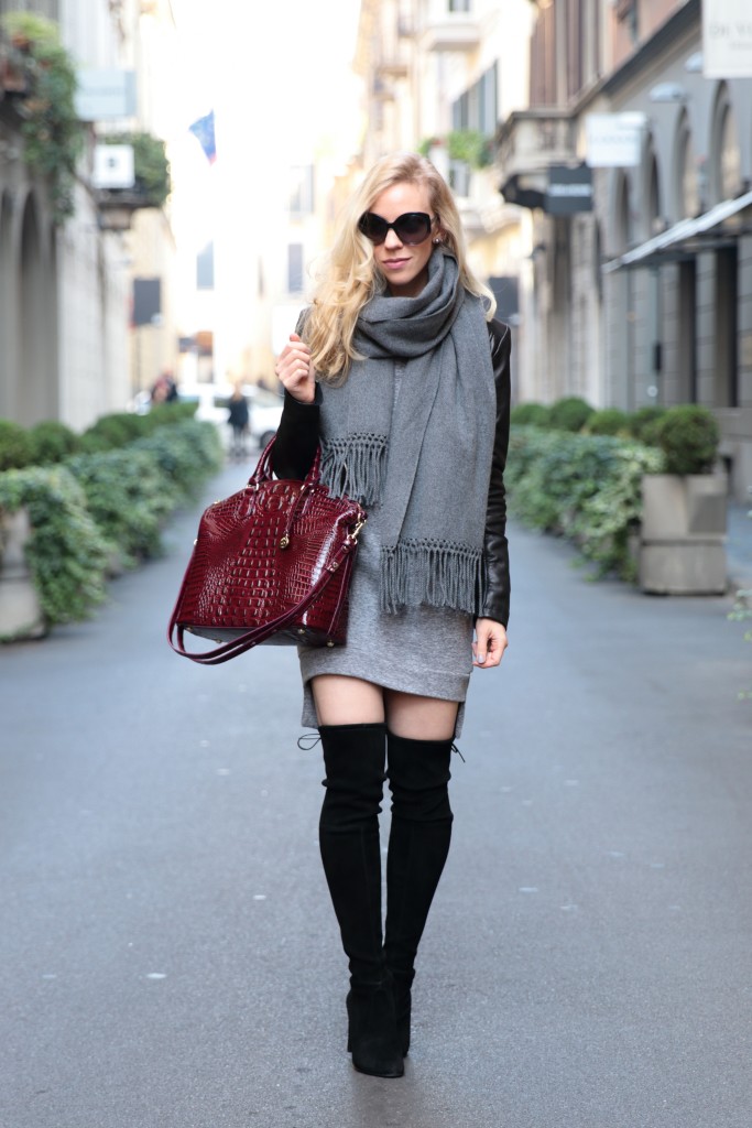 sweatshirt dress with thigh high boots