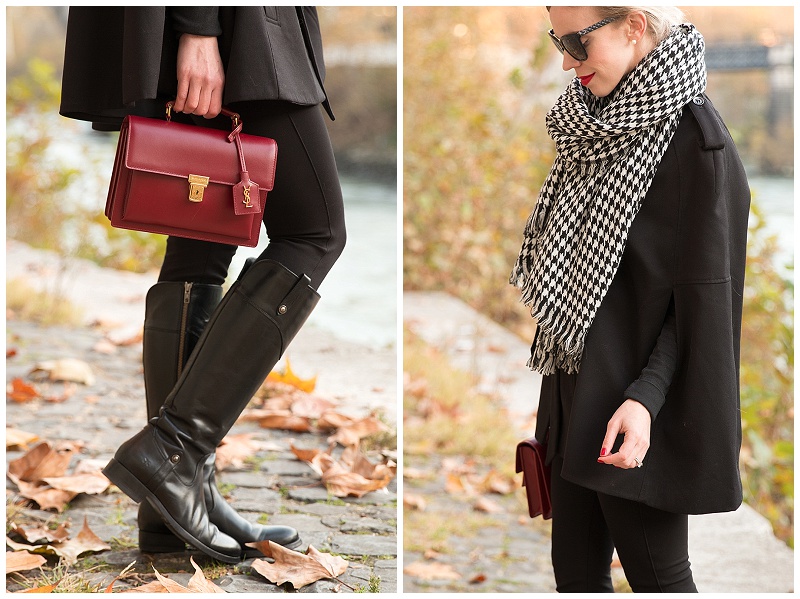 Feeling Festive: Houndstooth scarf, Black cape & Red handbag } - Meagan's  Moda