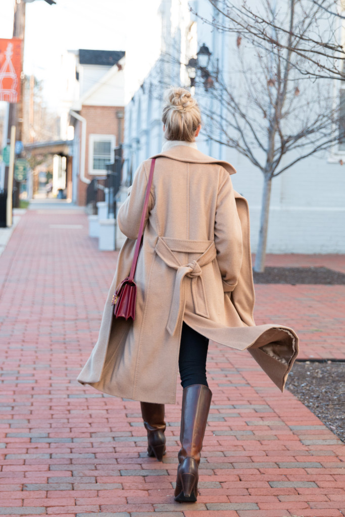 Meagan's Moda wearing drapey trench coat with Louis Vuitton scarf