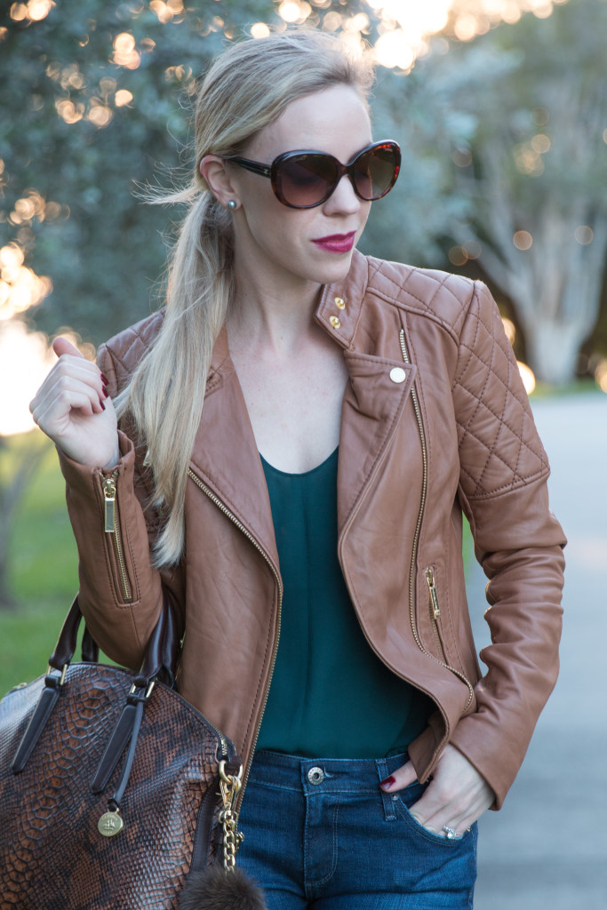 Michael Kors camel leather jacket, Brahmin snakeskin Duxbury satchel, NARS  scarlet empress matte lipstick, camel and forest green outfit - Meagan's  Moda