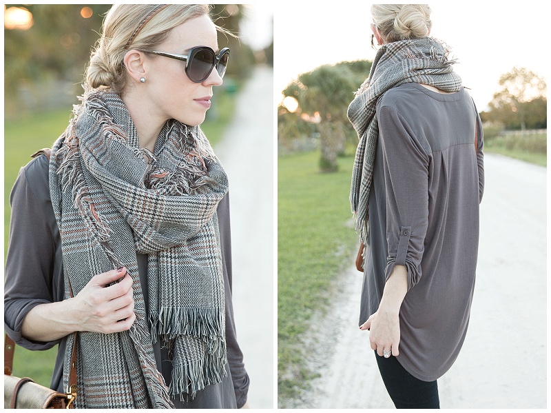 gray plaid oversized scarf, blanket scarf outfit with skinny jeans and tunic blouse, how to tie a blanket scarf