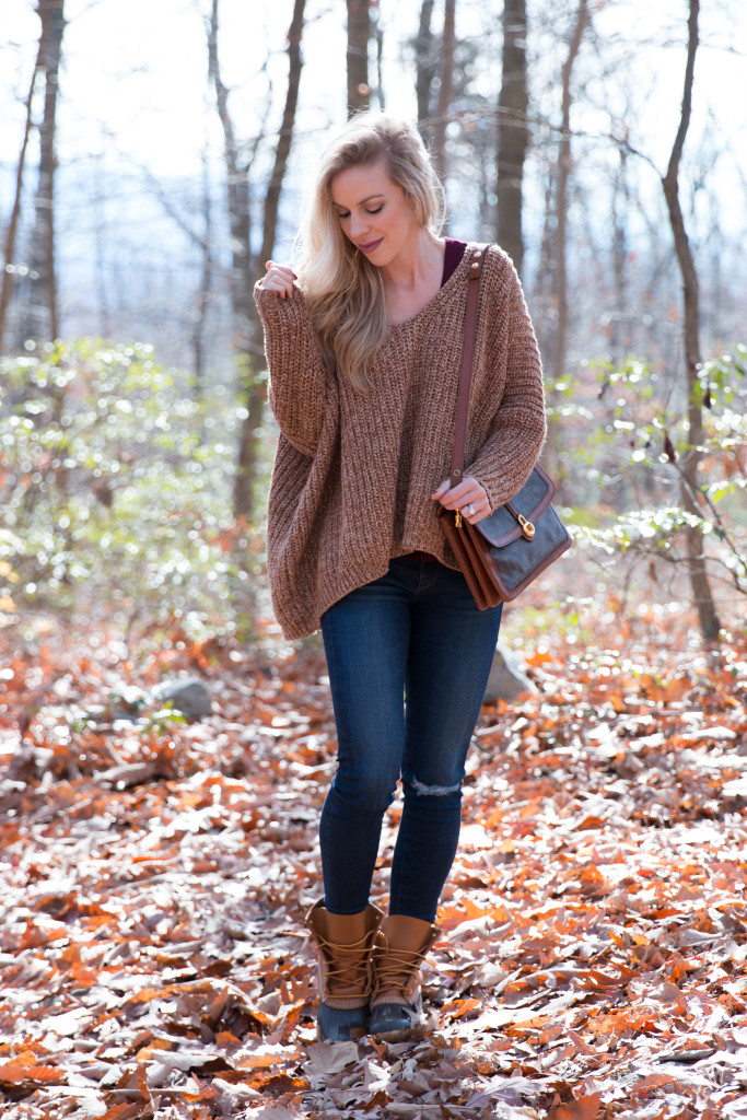 oversized chunky v neck sweater, AG distressed jeans, LL Bean duck boots, Louis  Vuitton vintage bag, duck boots with oversized sweater and skinny jeans -  Meagan's Moda