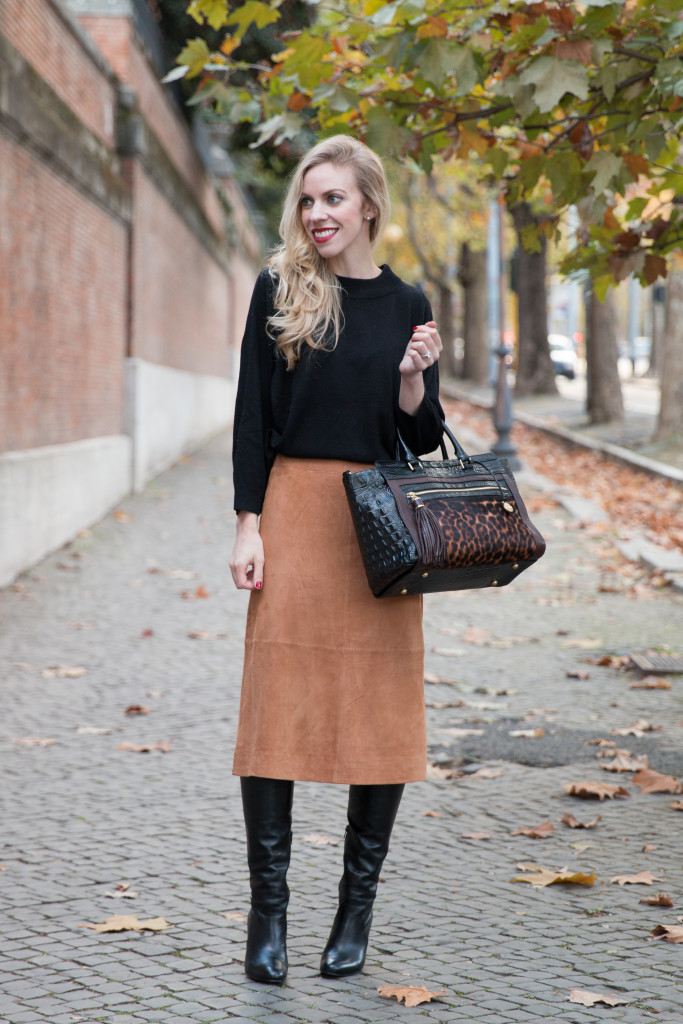 Suede Skirt: Dolman sweater, Camel midi skirt & Knee high boots