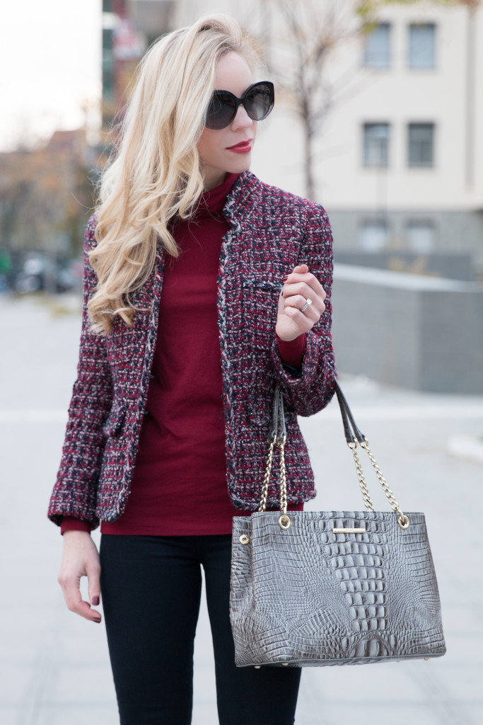 { Fringe & Tweed: Cropped jacket, Red turtleneck & Fringe booties ...