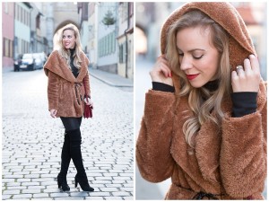 brown hooded faux fur jacket