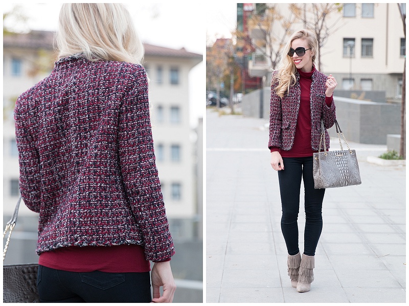 J Crew tweed cropped jacket, Brahmin Corington tote, J Brand