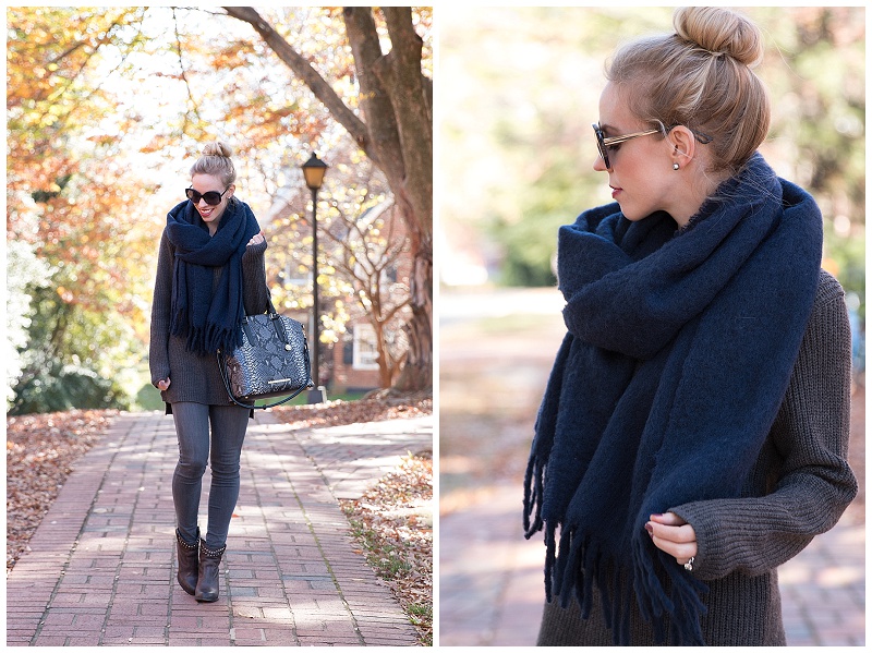 J. Crew brushed wool oversized scarf, navy blue scarf with gray sweater,  how to wear oversized sweater with blanket scarf, chunky knits fall outfit  with booties - Meagan's Moda