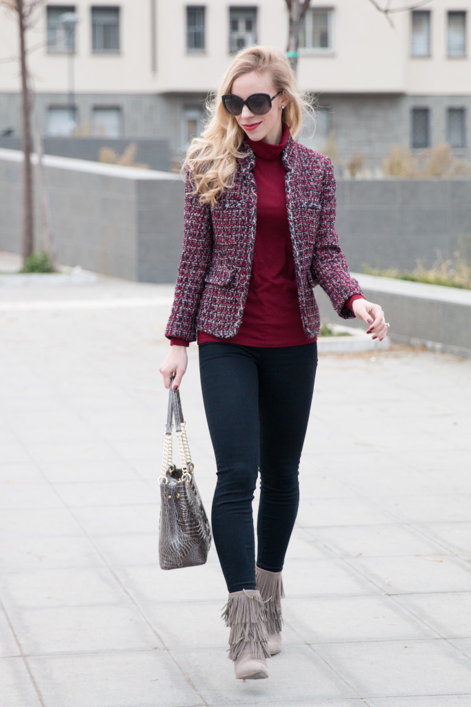 { Fringe & Tweed: Cropped jacket, Red turtleneck & Fringe booties ...