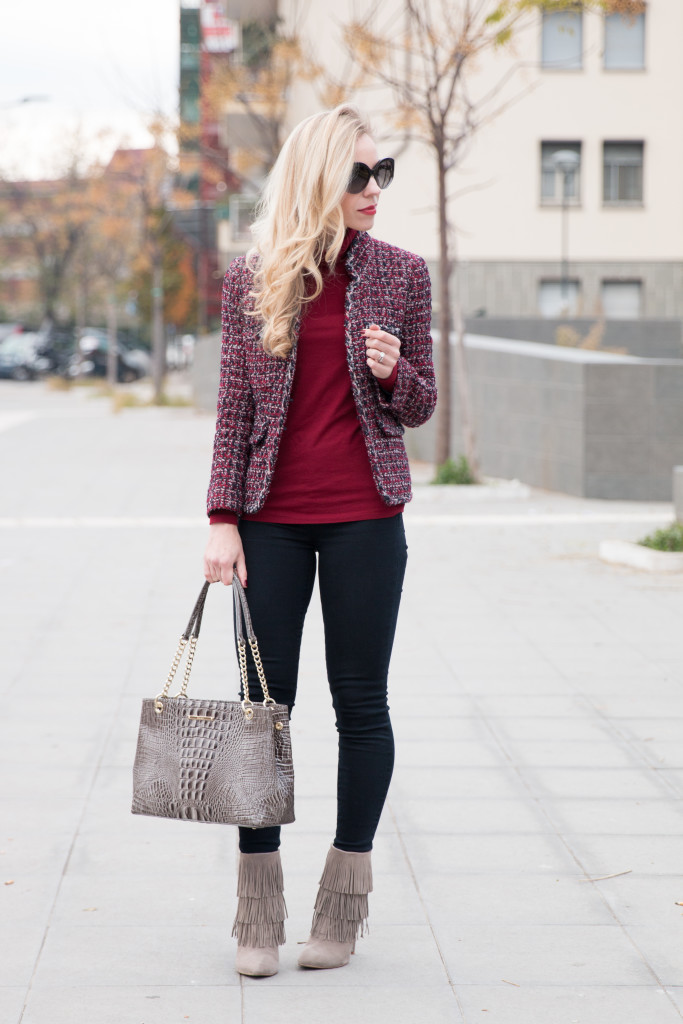 Fringe & Tweed: Cropped jacket, Red turtleneck & Fringe booties } -  Meagan's Moda