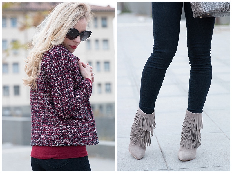 { Fringe & Tweed: Cropped jacket, Red turtleneck & Fringe booties ...