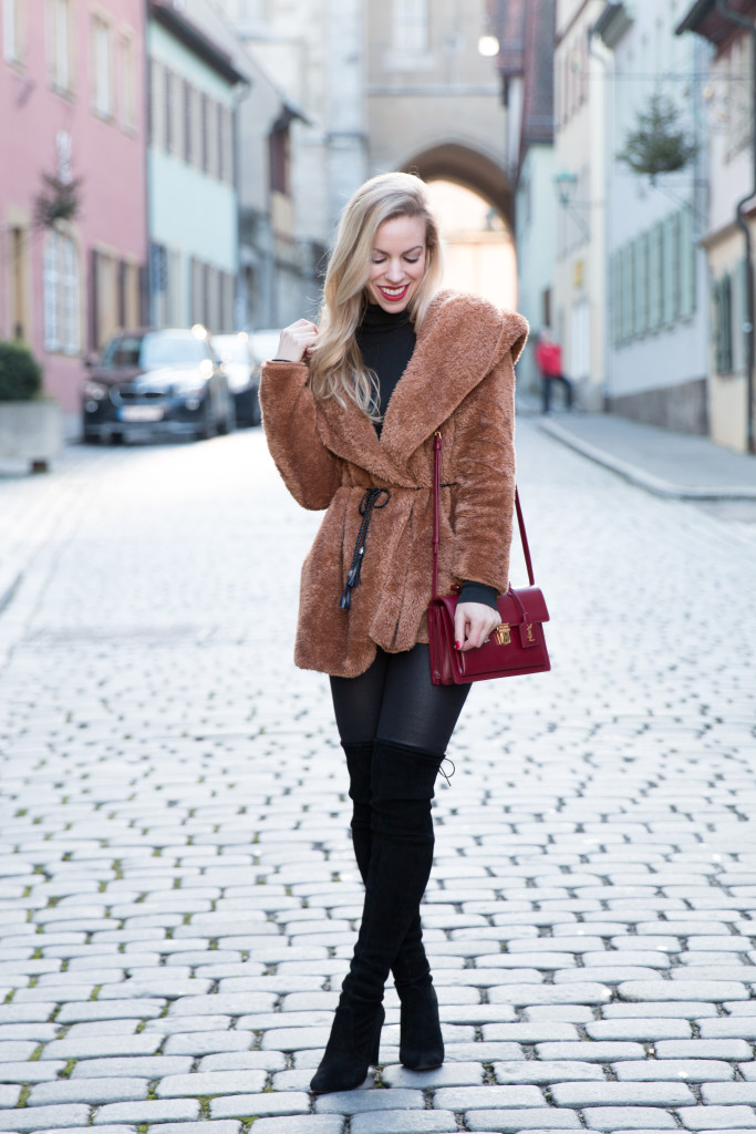 Teddy Bear: Cozy coat, Leather denim & Over-the-knee boots