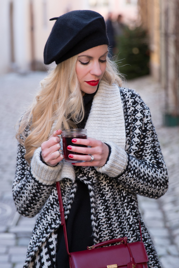 black cashmere beret, black and white cardigan sweater holiday outfit, YSL red  crossbody bag, Silta Beso red lipstick - Meagan's Moda