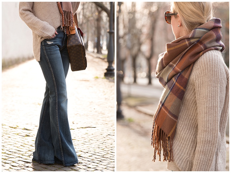 vintage Louis Vuitton monogram shoulder bag, TopShop brown plaid blanket  scarf, oversized beige sweater with flare jeans - Meagan's Moda