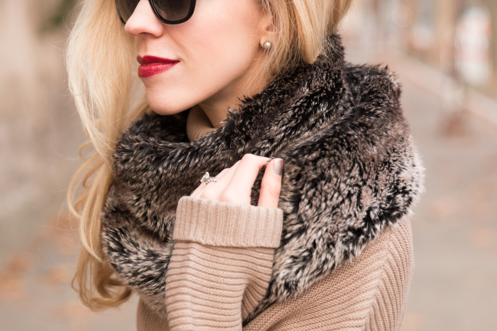 NARS Bette burgundy lipstick fall winter, gray black faux fur infinity scarf,  dark lip with fur scarf outfit - Meagan's Moda