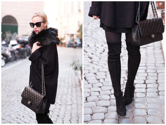 { Lady in Black: Faux fur poncho, Sweater dress & Over-the-knee boots ...