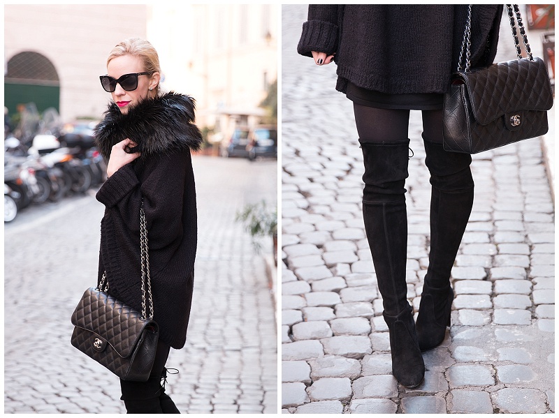 black-pea-coat-jcrew-chanel-jumbo-bag-black-suede-boots-maternity