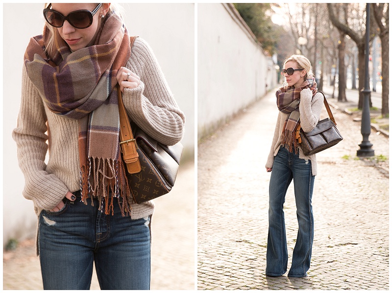 Louis Vuitton Fashion bag, scarf, brown jumper, jeans. Fall autumn