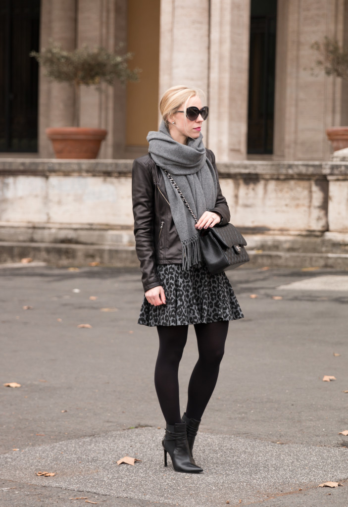 Layer Leggings Under a Short Skirt and Moto Jacket