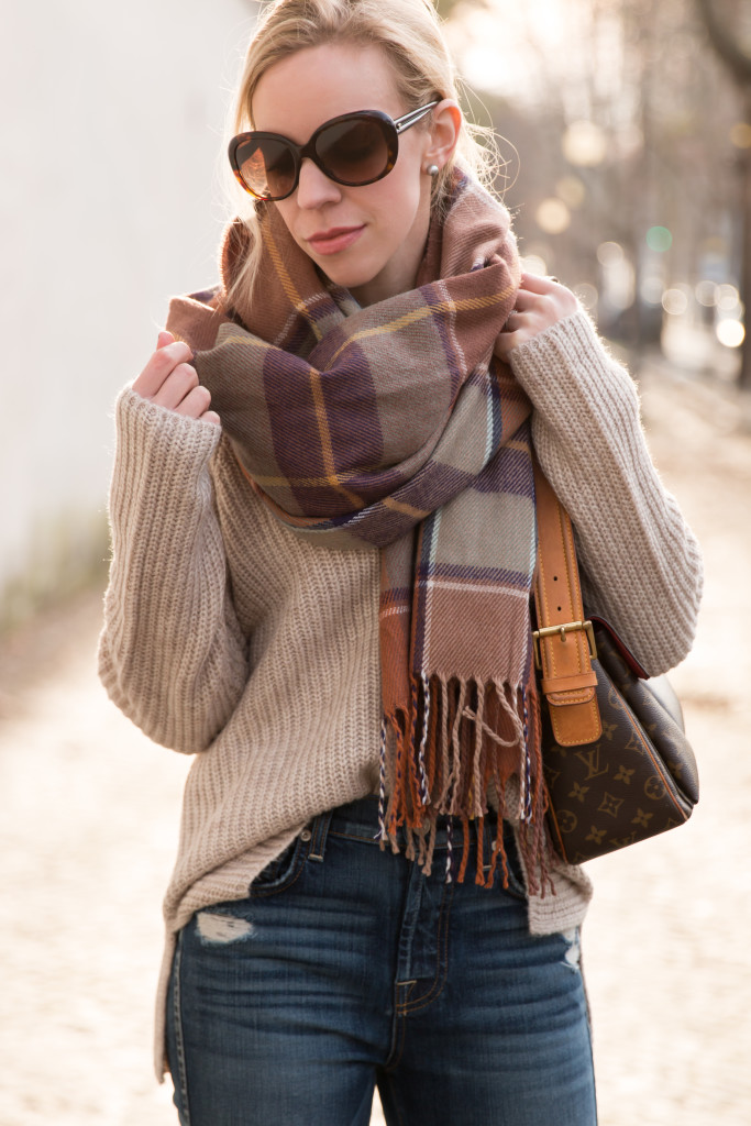 vintage Louis Vuitton monogram shoulder bag, TopShop brown plaid blanket  scarf, oversized beige sweater with flare jeans - Meagan's Moda