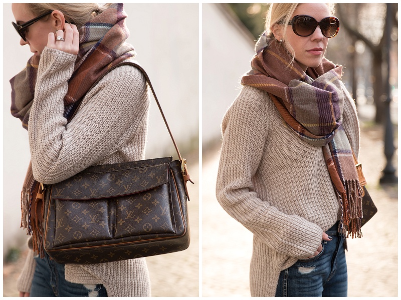 Louis Vuitton Fashion bag, scarf, brown jumper, jeans. Fall autumn