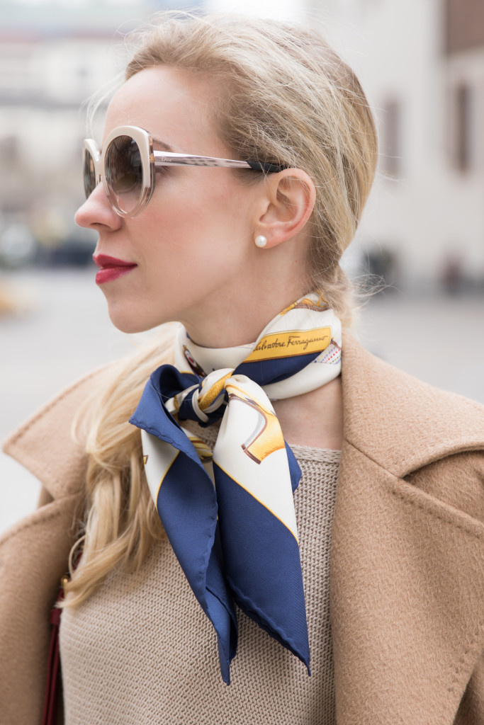 Meagan's Moda wearing drapey trench coat with Louis Vuitton scarf