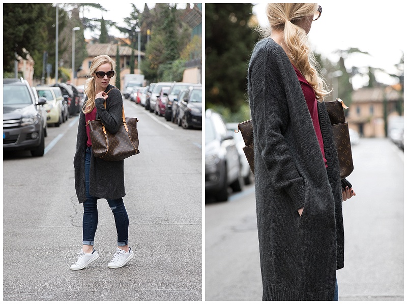 H&M long maxi cardigan with tee shirt and distressed jeans, Louis Vuitton  totally MM tote, Chanel oversized tortoiseshell sunglasses, long cardigan  casual outfit - Meagan's Moda