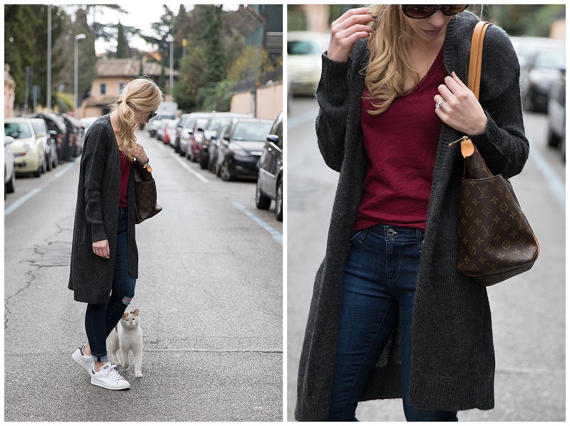 H&M long gray cardigan with distressed denim and sneakers, long cardigan  with Stan Smith sneakers outfit, Louis Vuitton totally MM tote - Meagan's  Moda