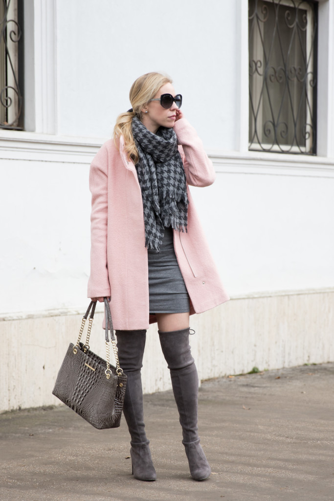  Winter Cheer Pink Coat, Houndstooth Scarf  Gray Boots -9525