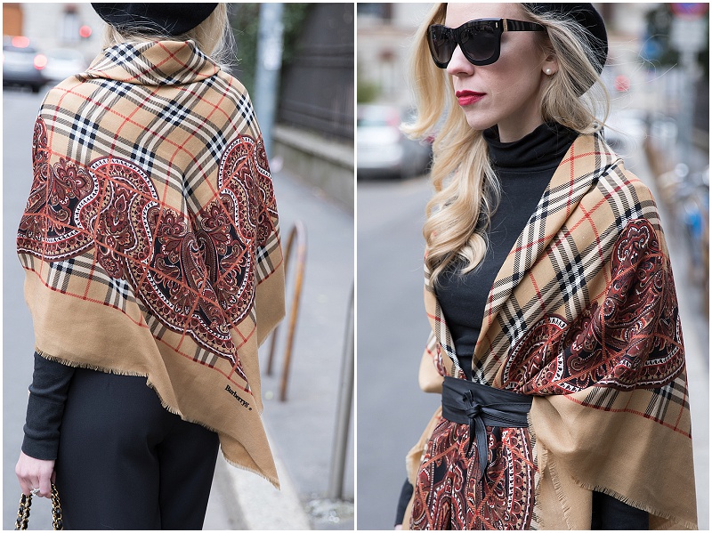 how to wear vintage Burberry scarf, vintage Burberry wool shawl plaid with  paisley border, Escada black sunglasses, Milan Fashion Week AW16 - Meagan's  Moda