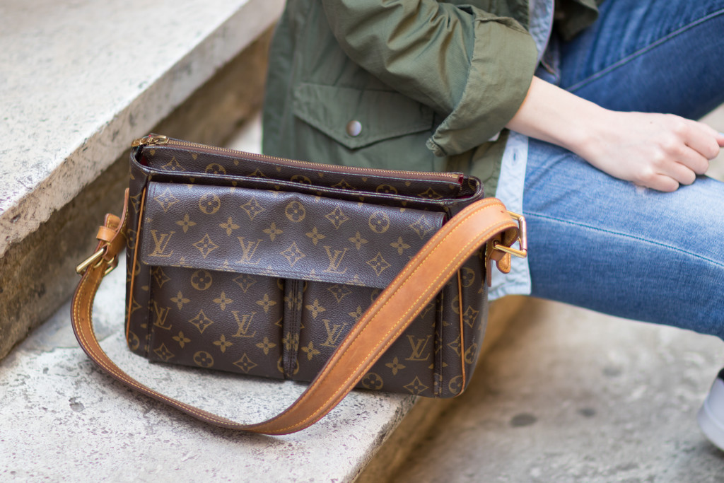 vintage Louis Vuitton shoulder bag with magnetic flap pockets, lace-up  shirt with high waist denim shorts - Meagan's Moda