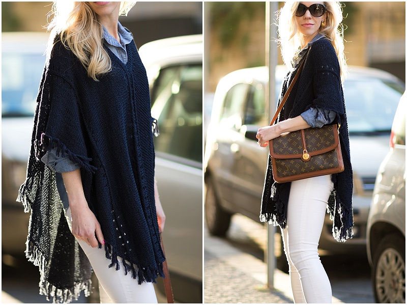 LOFT navy fringe poncho outfit, vintage Louis Vuitton monogram Passy  handbag, navy poncho with white jeans summer outfit - Meagan's Moda