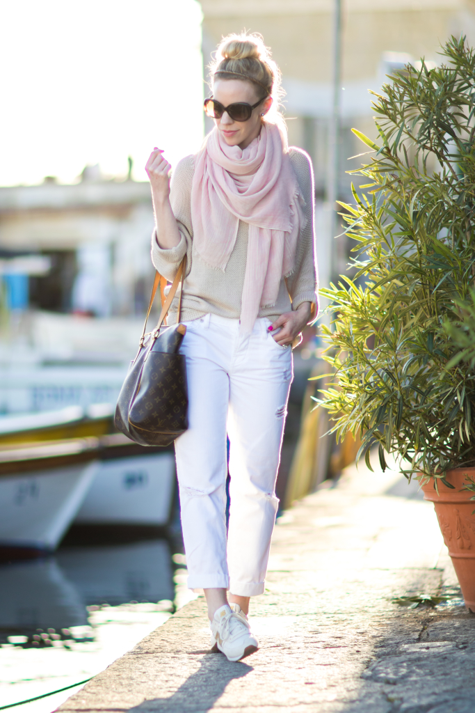 blush pink scarf with tan sweater, white distressed boyfriend jeans, Louis  Vuitton totally MM monogram tote, pink scarf spring outfit - Meagan's Moda