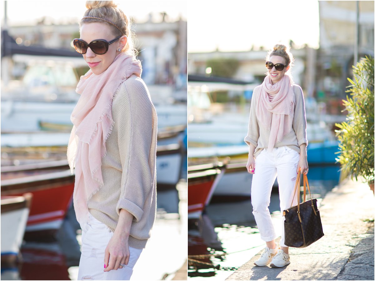 blush pink scarf with beige sweater outfit, white boyfriend jeans, how to  wear pink and white for spring, gold New Balance sneakers outfit - Meagan's  Moda