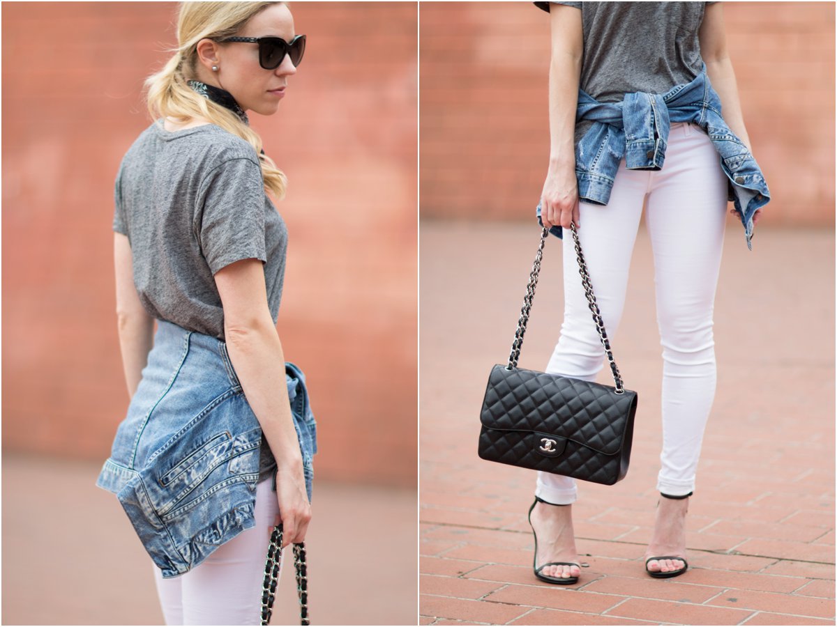 Chanel Jumbo bag black caviar with silver hardware, how to wear a long  denim jacket - Meagan's Moda