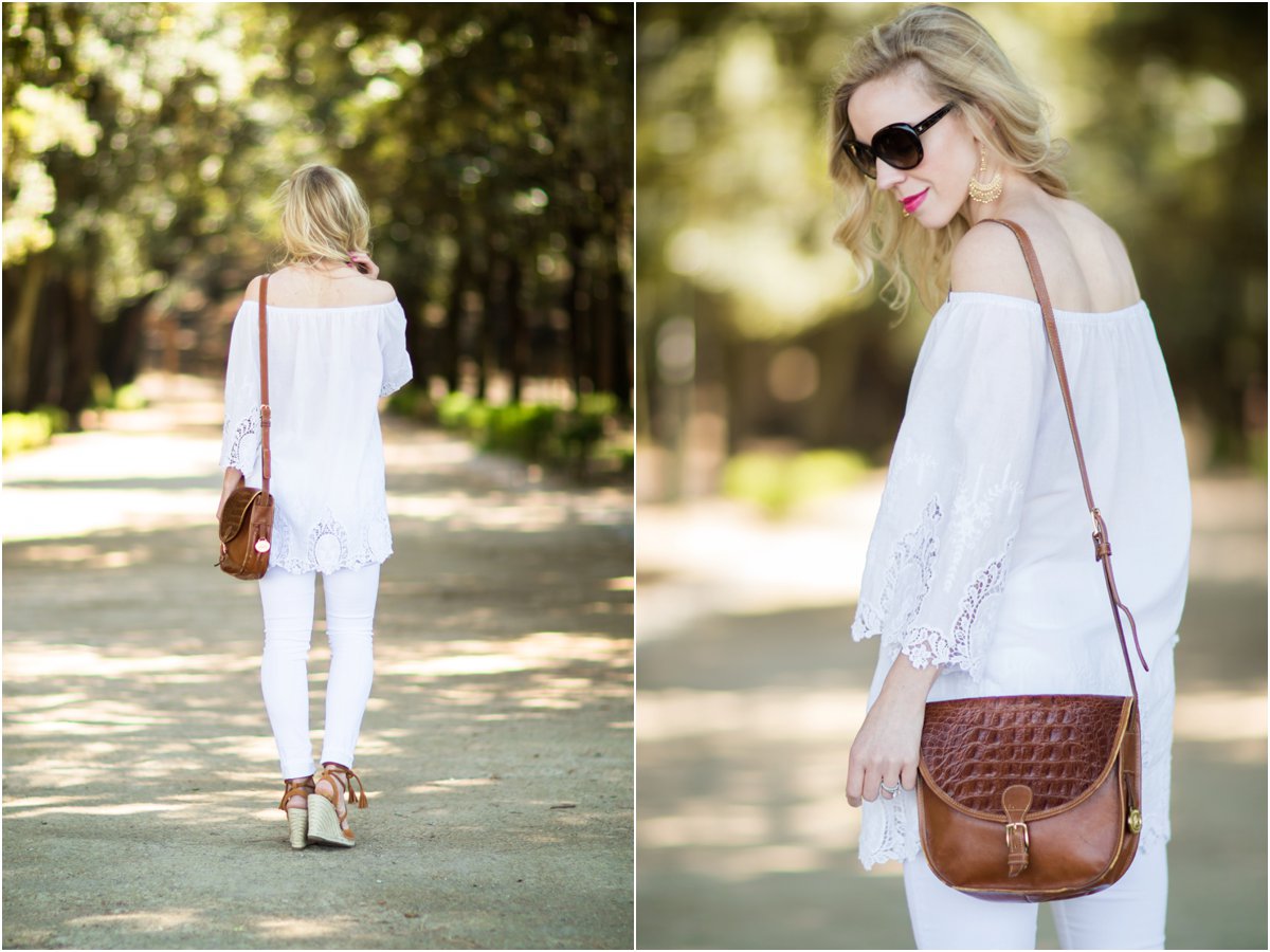 White Eyelet in Frascati: Off the shoulder top, White denim