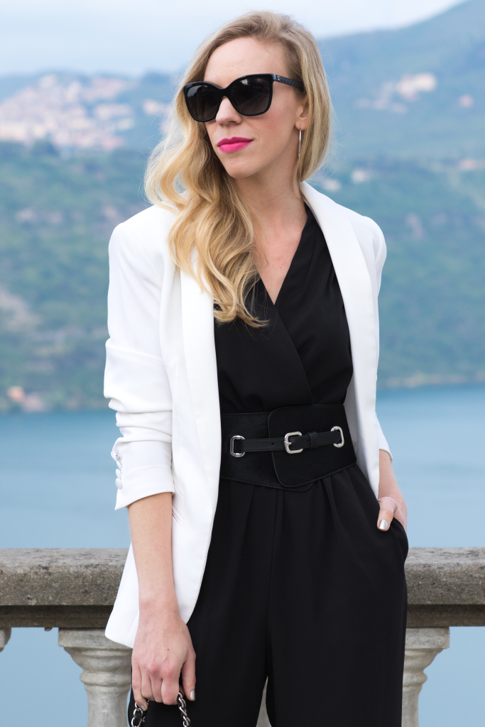 black jumpsuit with white blazer