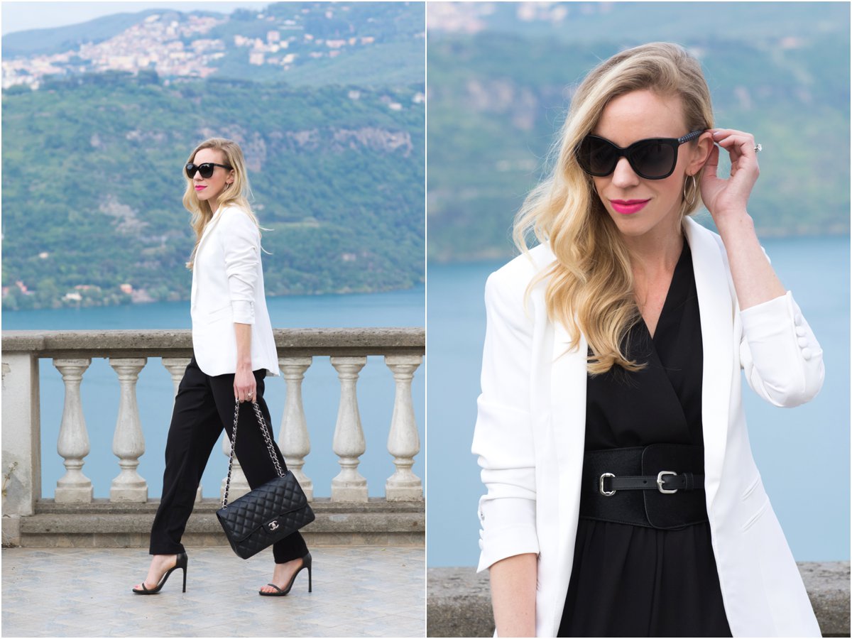 White blazer best sale black jumpsuit