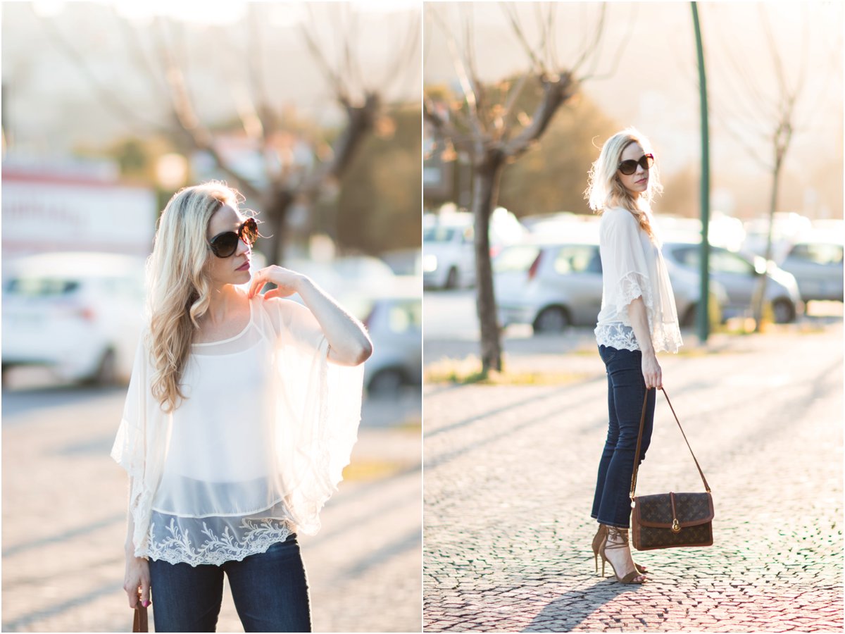 Express lace poncho, vintage Louis Vuitton Passy bag, lace poncho with crop  flare jeans, Ann Taylor suede lace up brown sandals - Meagan's Moda