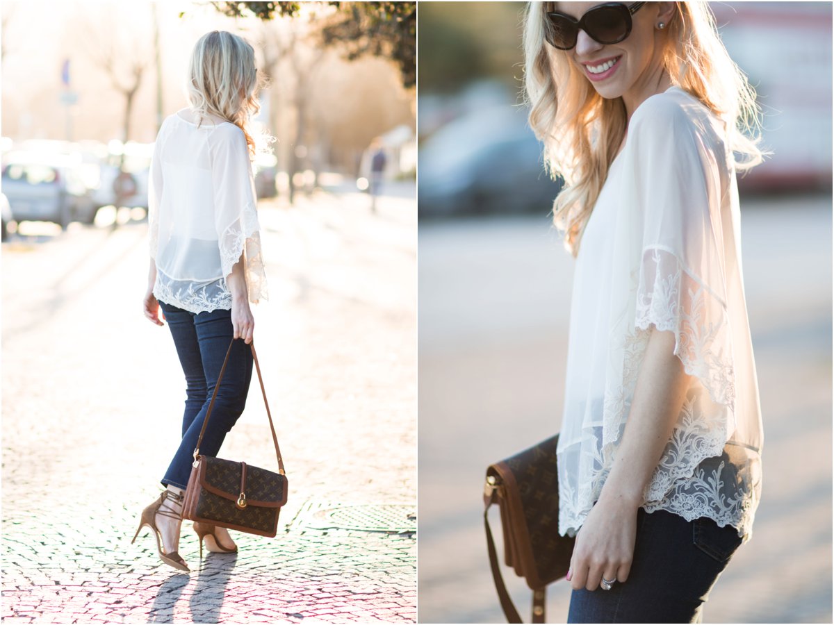 LOFT navy fringe poncho outfit, vintage Louis Vuitton monogram Passy  handbag, navy poncho with white jeans summer outfit - Meagan's Moda