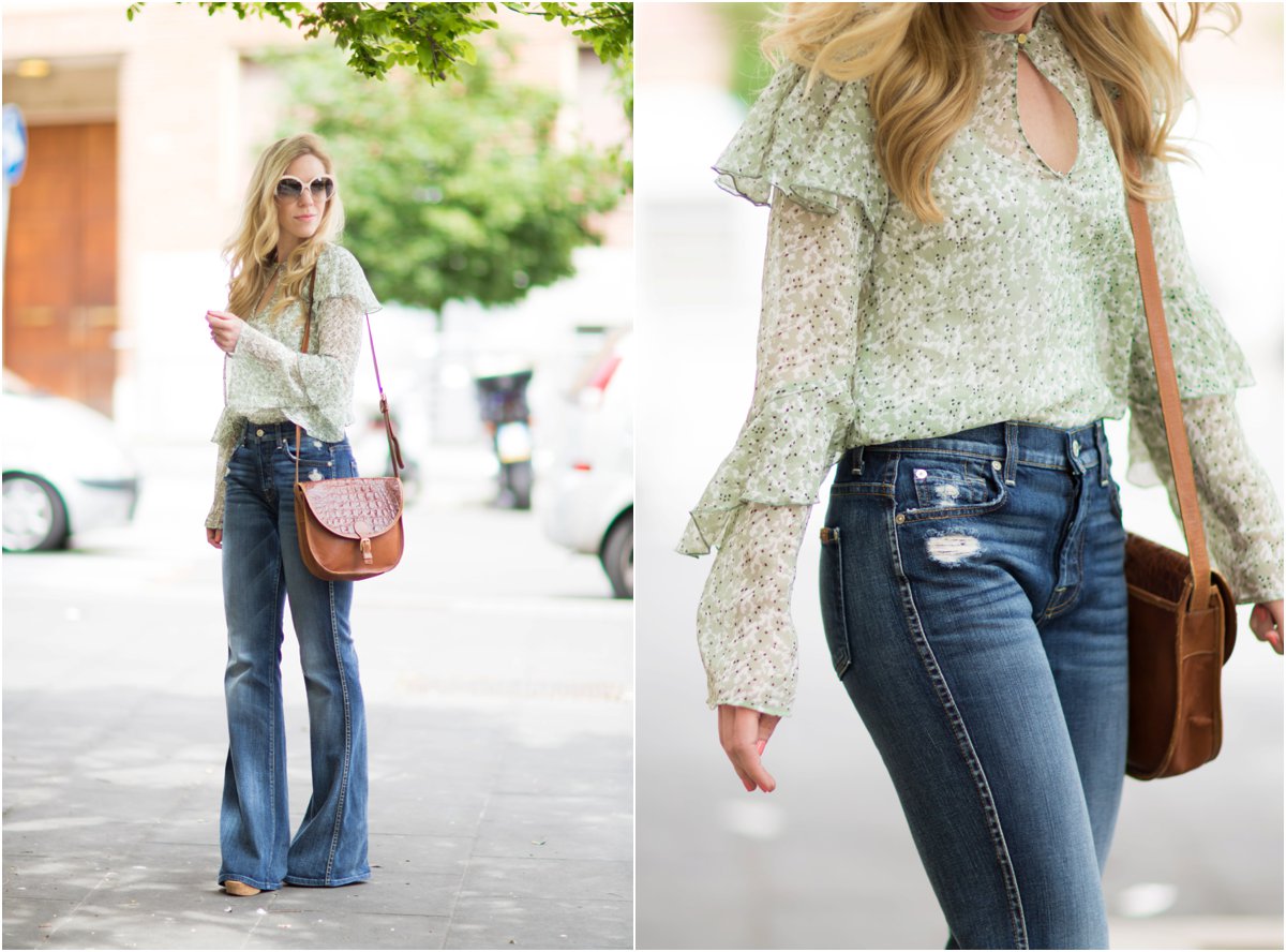 7 for all mankind high waist vintage bootcut jeans, 1970s Louis Vuitton  Passy bag, Zara gray suede fringe top, how to wear flare jeans, 70s style  outfit with fringe and flared denim 