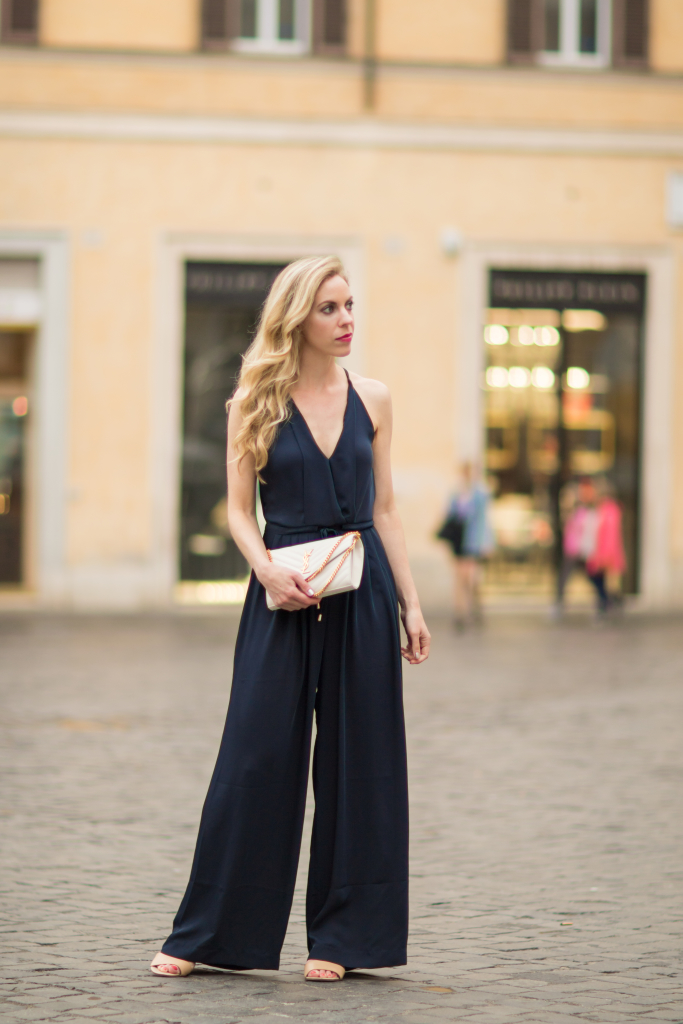 H&M navy blue jumpsuit, Saint Laurent white chain wallet handbag, YSL white envelope  clutch, halter jumpsuit outfit - Meagan's Moda