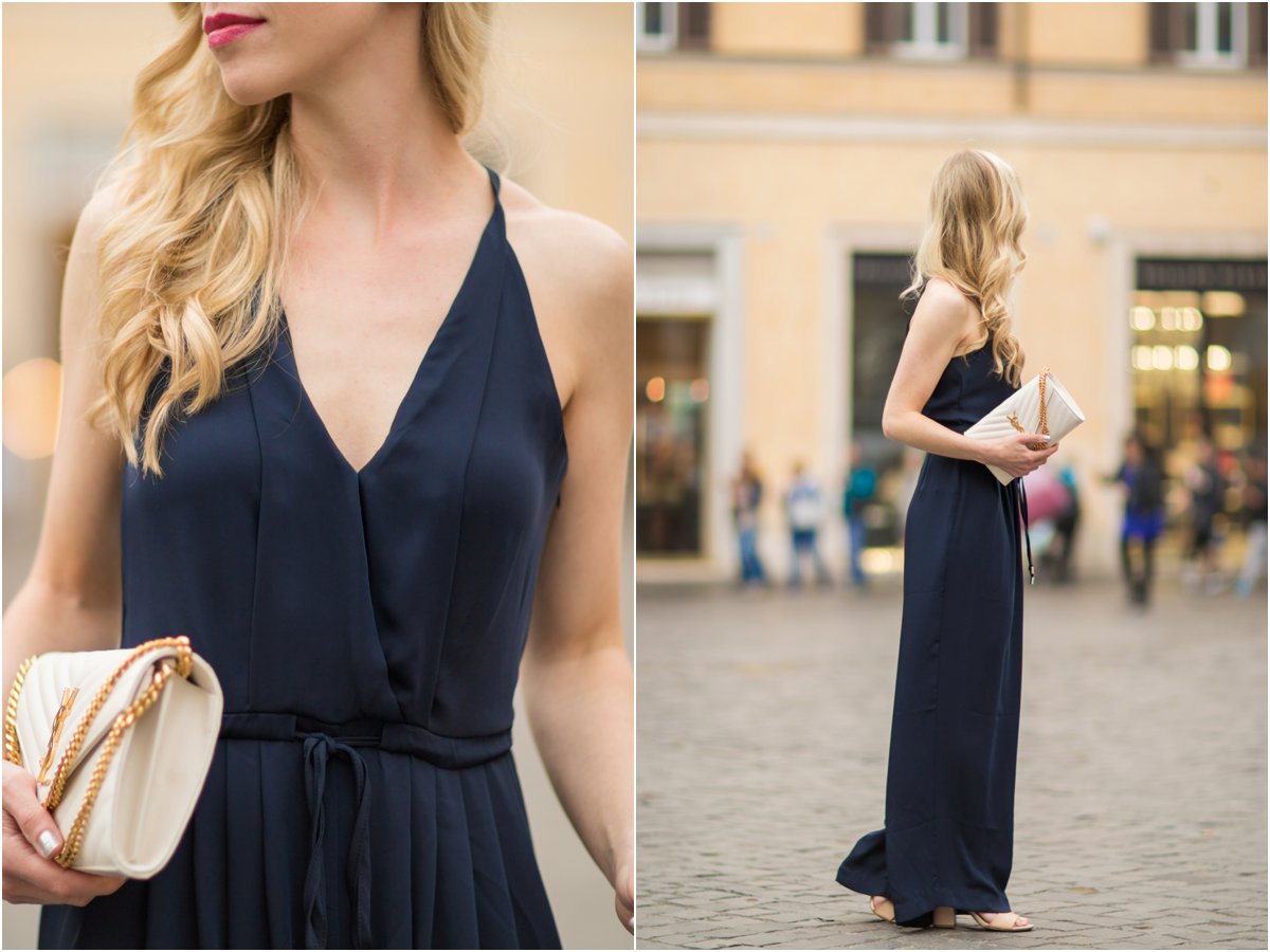 H&M navy blue jumpsuit, Saint Laurent white chain wallet handbag, YSL white envelope  clutch, halter jumpsuit outfit - Meagan's Moda