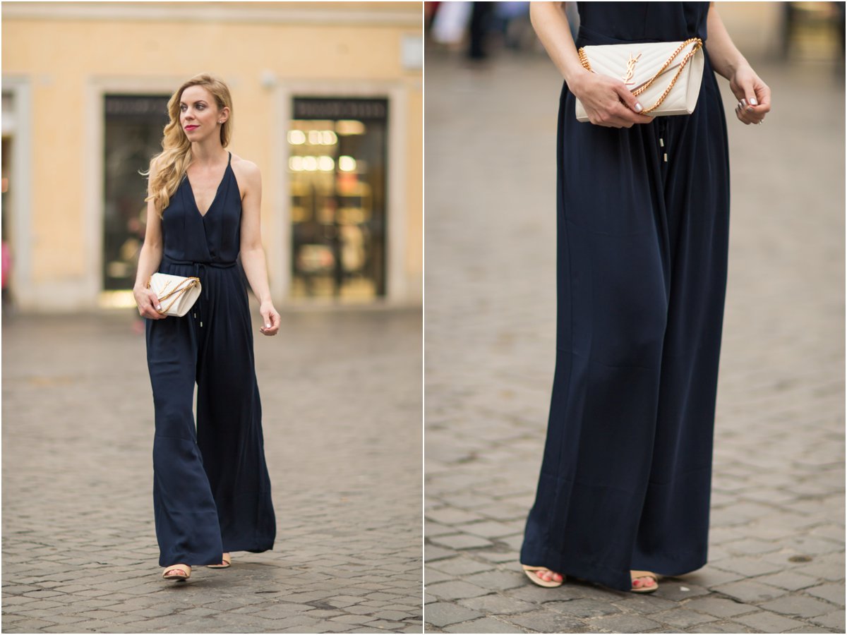 H&M white jumpsuit, wide leg jumpsuit outfit, YSL white matelasse chain  wallet monogram clutch, how to wear wide leg jumpsuit - Meagan's Moda