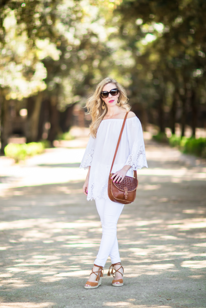 White Eyelet Top and White Flare Jeans